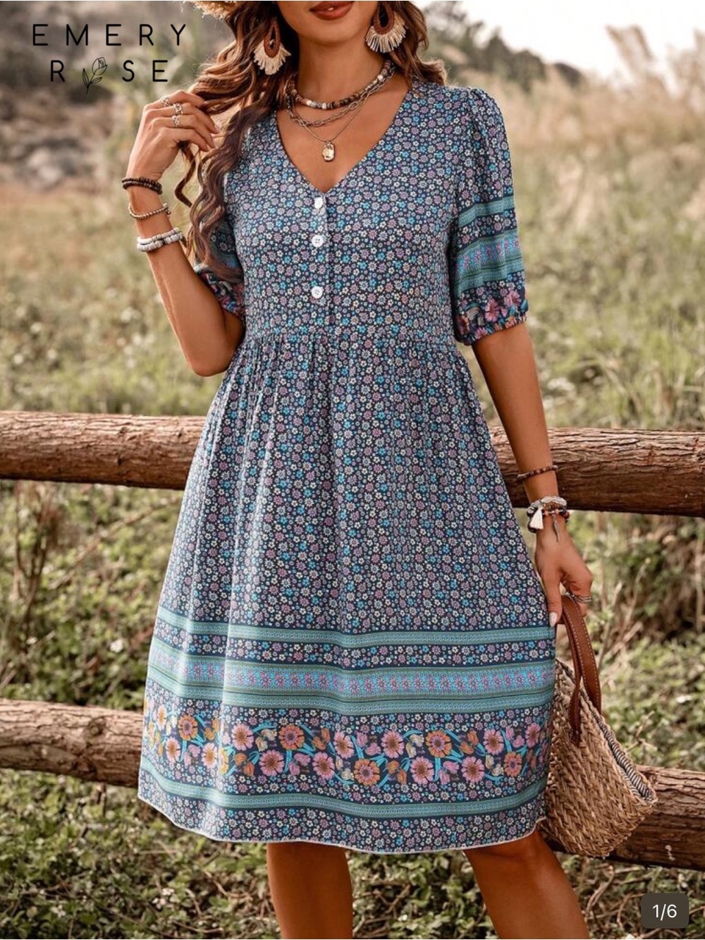 Emery Rose Blue Floral Midi Dress with Button Front and Border Print
